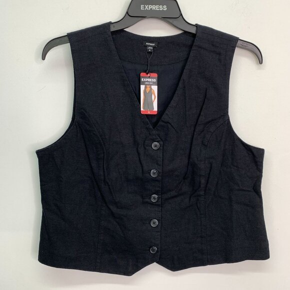 Express Women's Vest XL Classic Fit V-Neck Button Up Linen Vest Black Size XL - Picture 1 of 7